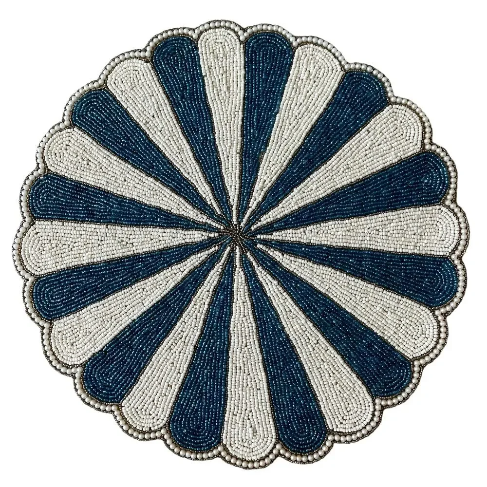 TIRAMISU Hand Glass Beaded Placemat Charger Round Scalloped Edge Blue Cream NEW